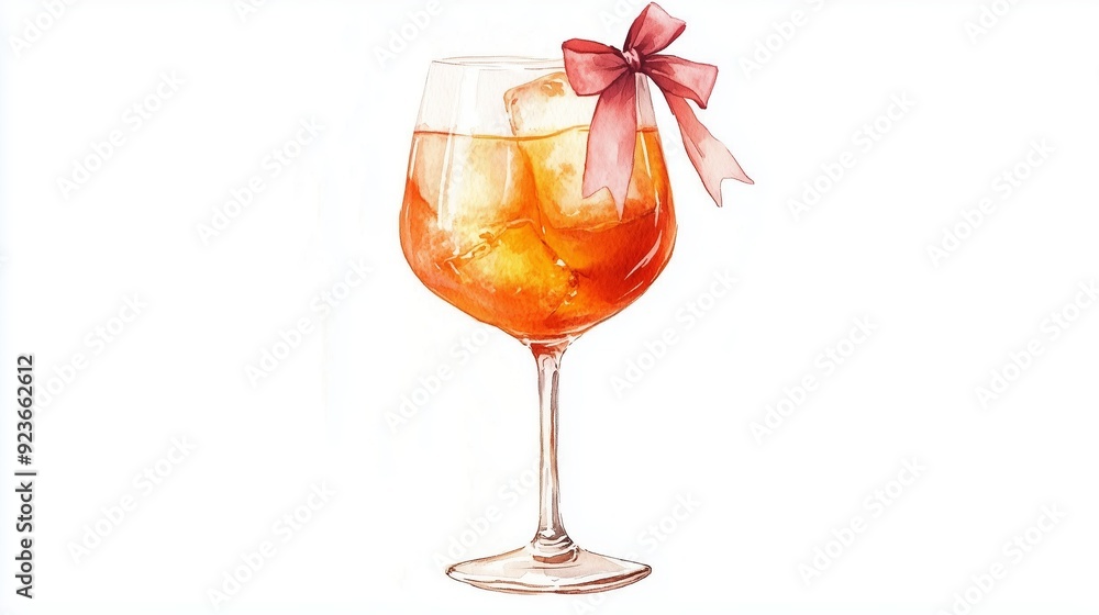 A glass of refreshing cocktail with ice and a pink ribbon on a light background A glass of refreshing cocktail with ice and a pink ribbon on a light background