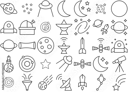 Set Of Linear Astronomy Sharp Icons Web Header Banner Design Containing Moon,Astronomy,Satellite,Space,Planet Vector Icons Illustration Collection