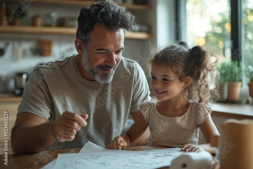 A father and his young daughter share a bonding moment while drawing together at a wooden table in their cozy, sunlit home, filled with love and creativity.