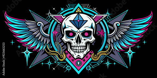 Neo tribal gothic tattoo set, retro futuristic cyber symmetry shapes, vector dark y2k wings, bones. Metal music cover print, alien surreal illustration, skull, stars grunge clipart. Neo tribal symbol