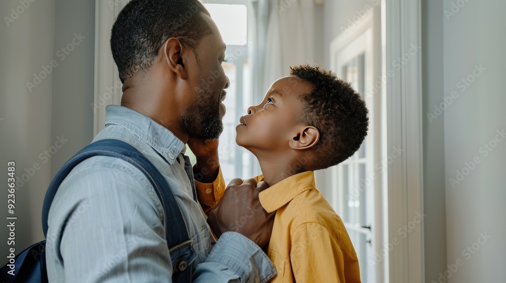 African Father and son share a moment of care and affection as they prepare to step out together, highlighting the warmth of their relationship. African Father and son share a moment of care and affection as they prepare to step out together, highlighting the warmth of their relationship.