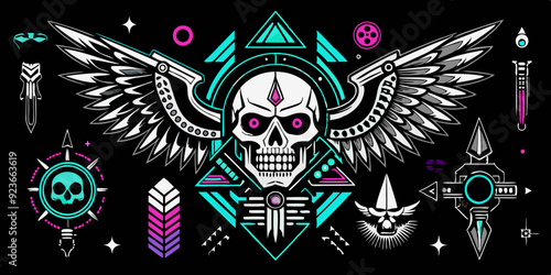 Neo tribal gothic tattoo set, retro futuristic cyber symmetry shapes, vector dark y2k wings, bones. Metal music cover print, alien surreal illustration, skull, stars grunge clipart. Neo tribal symbol