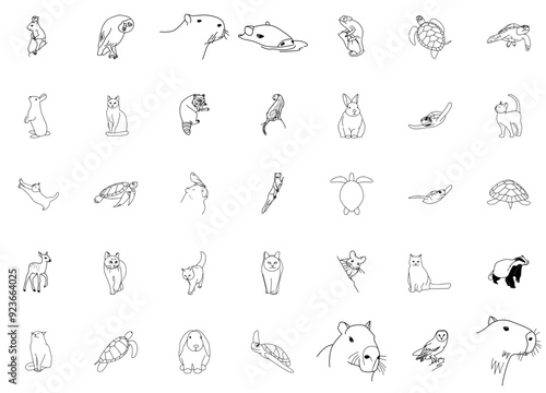 A Collection Of Animal Icons Silhouette Vector Logo Design Containing Cat,Wildlife,Animal,Pet,Farm Stroke Icon Collection. Vector Illustration