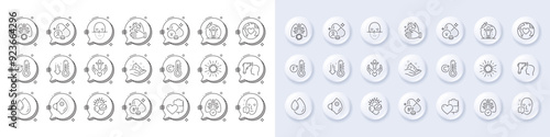 Low thermometer, Vaccine protection and Electronic thermometer line icons. White pin 3d buttons, chat bubbles icons. Pack of Lungs, Medical mask, Wash hands icon. Vector