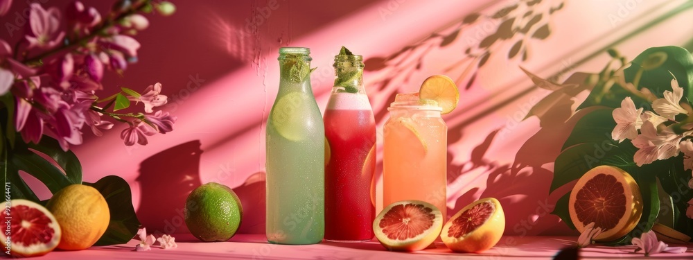 Refreshing summer drinks with citrus fruits and floral decor Refreshing summer drinks with citrus fruits and floral decor