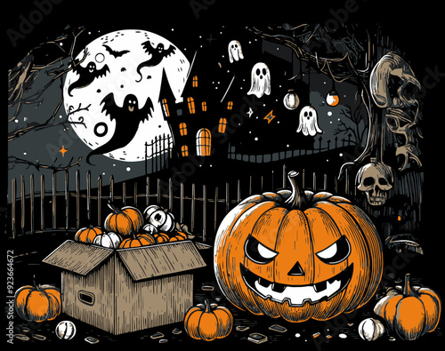 halloween background with pumpkin and ghosts in the night.