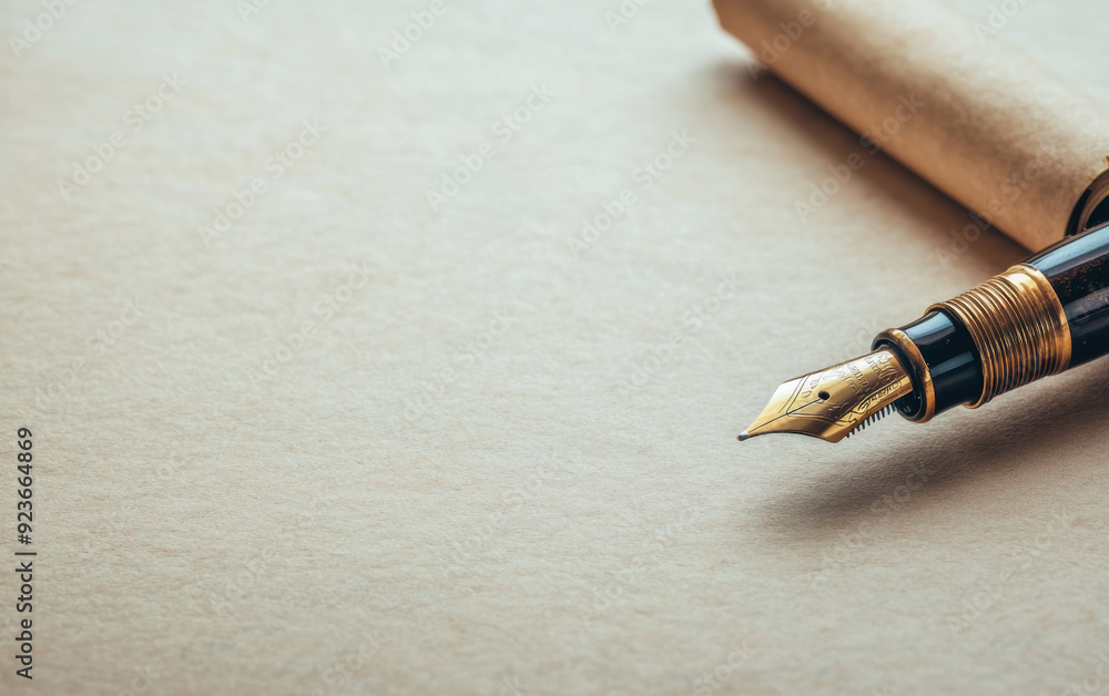 Elegant fountain pen on beige paper. Highlighting classic writing tools perfect for signing, calligraphy, journaling, and timeless literature enthusiasts. Elegant fountain pen on beige paper. Highlighting classic writing tools perfect for signing, calligraphy, journaling, and timeless literature enthusiasts.