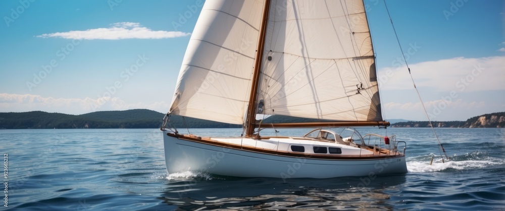 Fototapeta premium Sailboat Sailing on a Sunny Day with Blue Sky and White Clouds