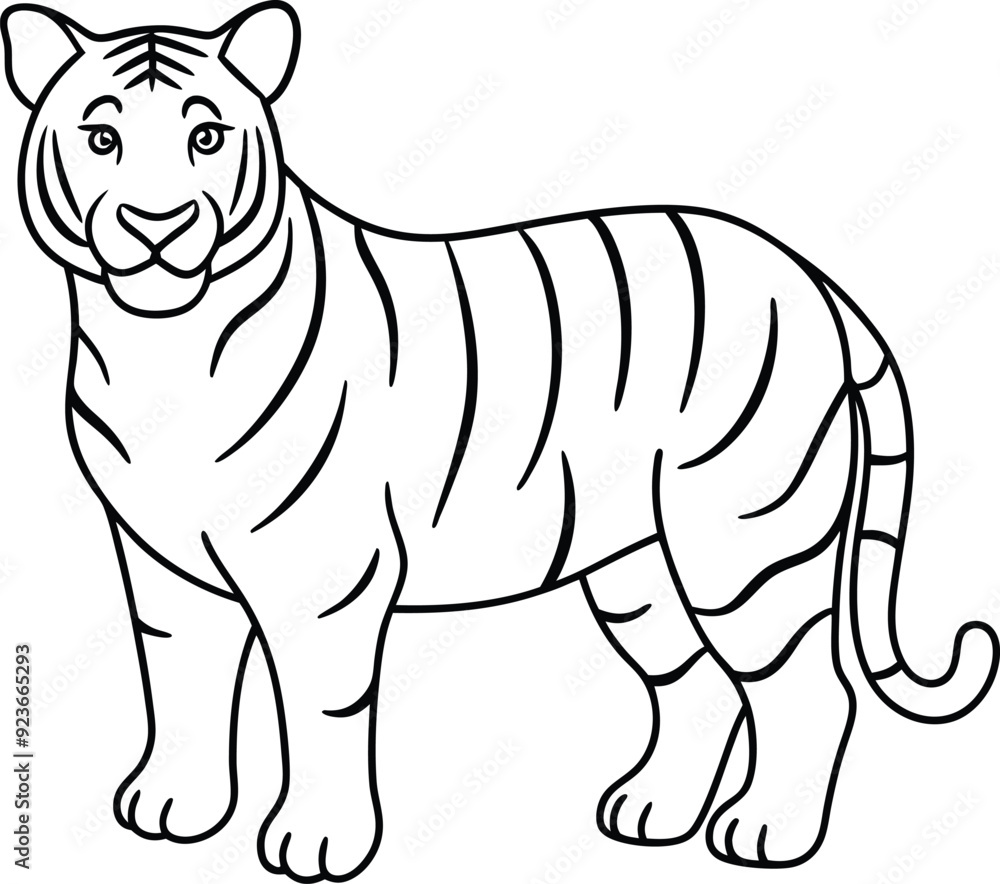 Fototapeta premium Tiger animal outline vector art, Tiger silhouette, Tiger coloring sketch for kids.