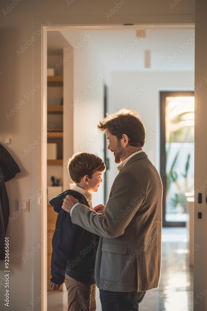 A touching image of a caucasian father and son bonding as they get ready to leave home, showcasing a strong family connection. A touching image of a caucasian father and son bonding as they get ready to leave home, showcasing a strong family connection.