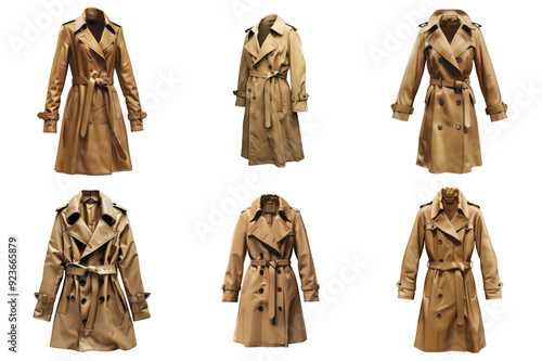 Six Beige Leather Trench Coats on Mannequins