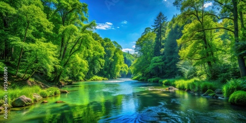 Lush green forest with clear blue sky and flowing stream, eco-friendly, sustainable, nature, environment