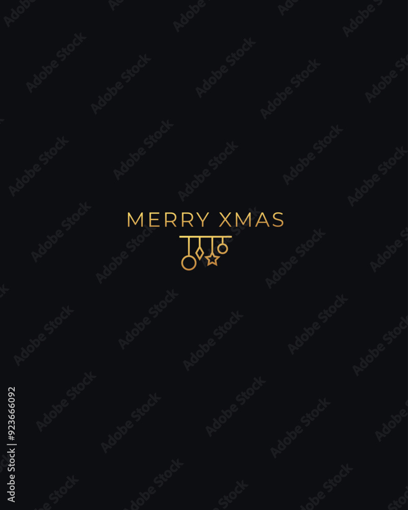 Vector illustration. Modern Christmas design with Merry Xmas in sleek gold text, accompanied by minimalistic hanging ornaments on black background. Concept of winter holidays celebration. Minimalist Vector illustration. Modern Christmas design with Merry Xmas in sleek gold text, accompanied by minimalistic hanging ornaments on black background. Concept of winter holidays celebration. Minimalist