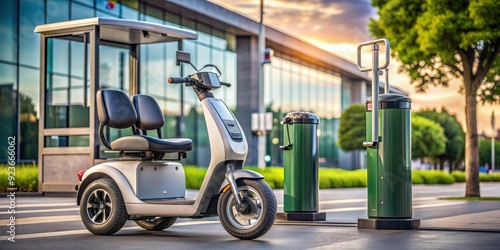 Electric tricycle scooter parked at charging station on a parking lot for LEV light electric vehicles