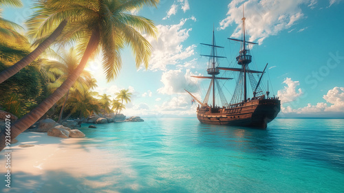 Pirate ship with tall masts anchored in turquoise waters near a tropical island, palm trees swaying gently under a bright, sunny sky. Ai generated