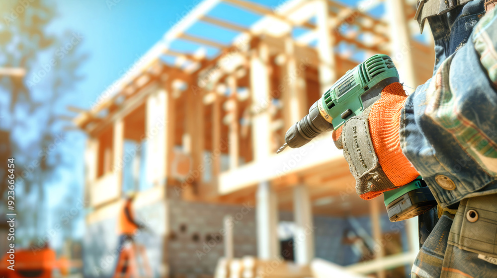 A worker grips an electric drill, ready to contribute to the construction of a wooden house, surrounded by the vibrant activity of the site A worker grips an electric drill, ready to contribute to the construction of a wooden house, surrounded by the vibrant activity of the site
