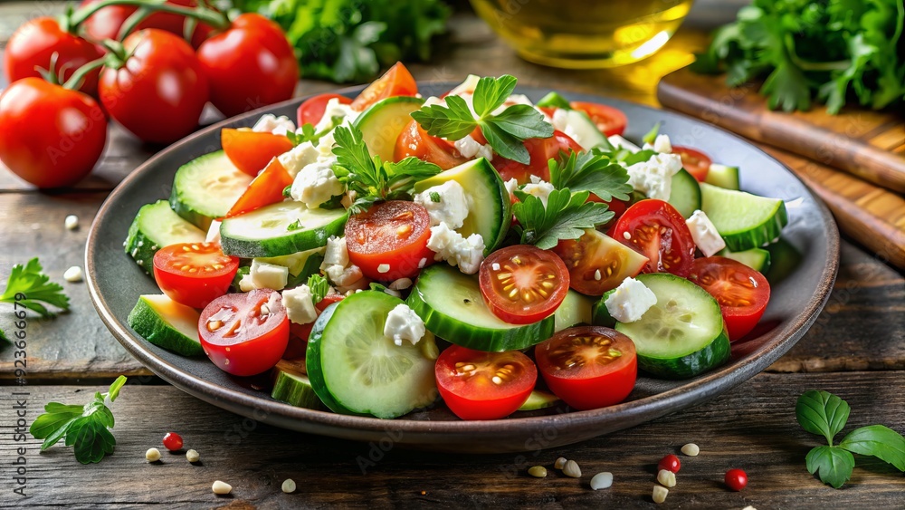 Freshly sliced cucumbers, juicy tomatoes, and crumbled feta cheese combine in a vibrant summer salad, garnished with fresh parsley and a drizzle of olive oil. Freshly sliced cucumbers, juicy tomatoes, and crumbled feta cheese combine in a vibrant summer salad, garnished with fresh parsley and a drizzle of olive oil.