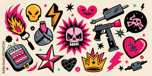 Doodle grunge rock set, vector hand drawn graffiti groovy punk print kit, emo gothic heart sign. Marker scribble sticker, crayon wax paint collage icon, gun, fire, knife, stars. Street grunge doodle 