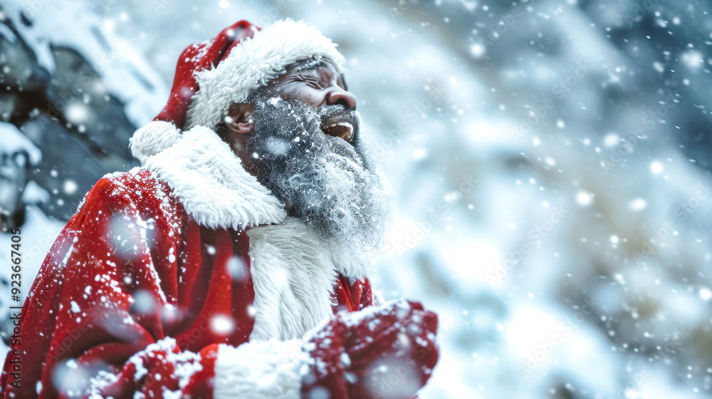 A jubilant dark-skinned Santa Claus tumbles down a snowy mountain, laughing with delight, surrounded by a magical winter landscape A jubilant dark-skinned Santa Claus tumbles down a snowy mountain, laughing with delight, surrounded by a magical winter landscape