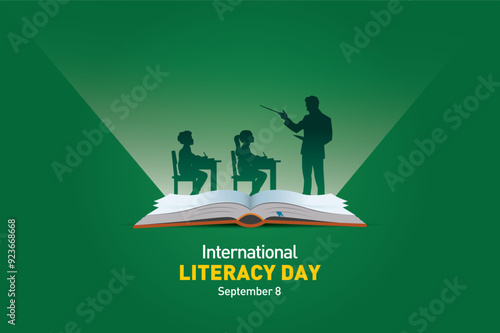 International Literacy Day Vector illustration of open book with alphabet letters and earth. Children education background or learning event concept.