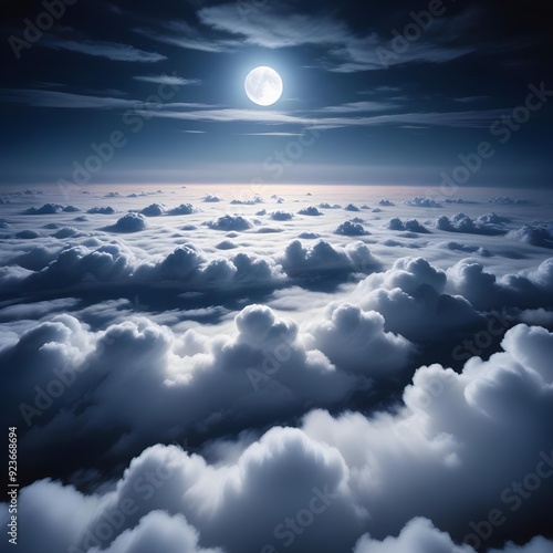 Above clouds, a nighttime view above clouds, with a moonlit sky illuminating the cloud tops in silver, creating a tranquil and dreamlike atmosphere photo