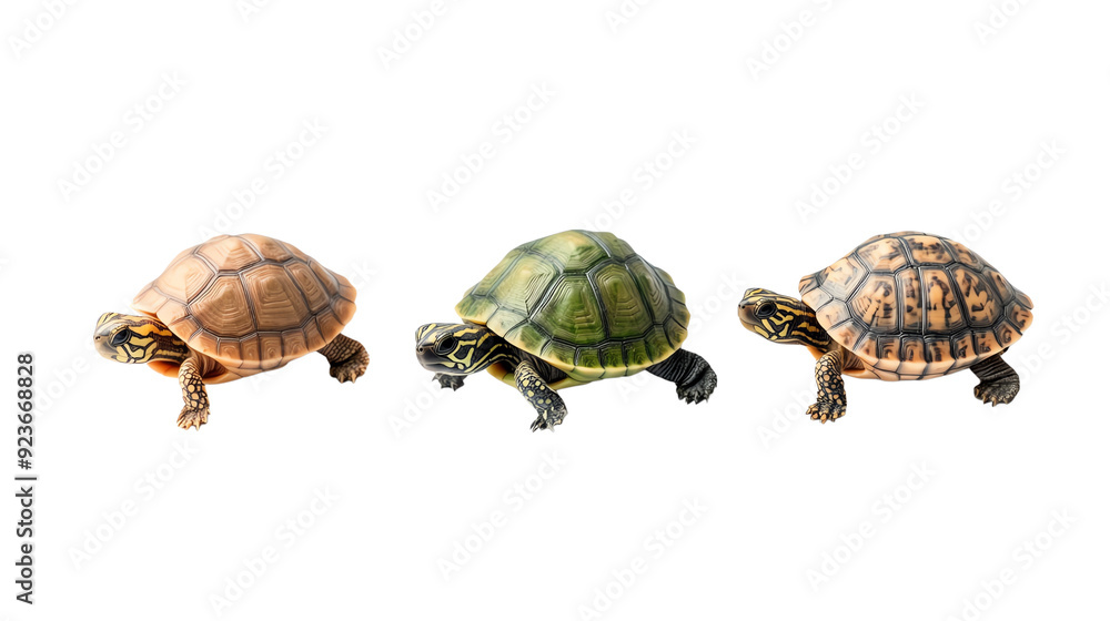 Three turtles isolated on white background, showcasing different shell patterns and colors in a row for nature and wildlife concept. Three turtles isolated on white background, showcasing different shell patterns and colors in a row for nature and wildlife concept.