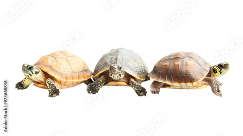 Three turtles in a row isolated on a white background. Great for education, nature and wildlife concepts. photo