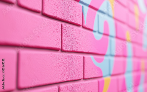 Colorful street art on a brick wall with a vibrant pink base and abstract patterns. Close-up shot showing texture and creativity in urban setting. photo