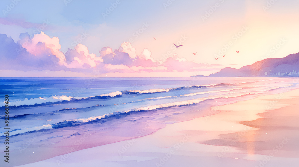 Fototapeta premium A serene beach landscape at sunset, showcasing gentle waves and colorful clouds in the sky, perfect for relaxation and inspiration.