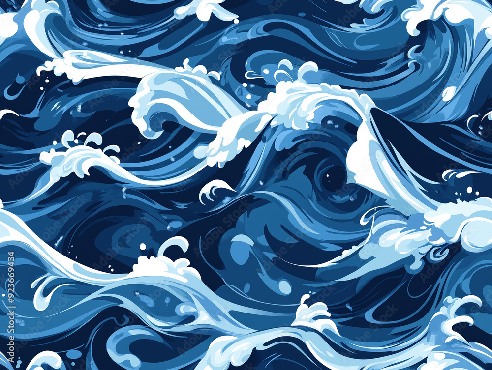Ocean waves, dynamic and rolling, with foamy crests and deep blue depths, seamless pattern Ocean waves, dynamic and rolling, with foamy crests and deep blue depths, seamless pattern
