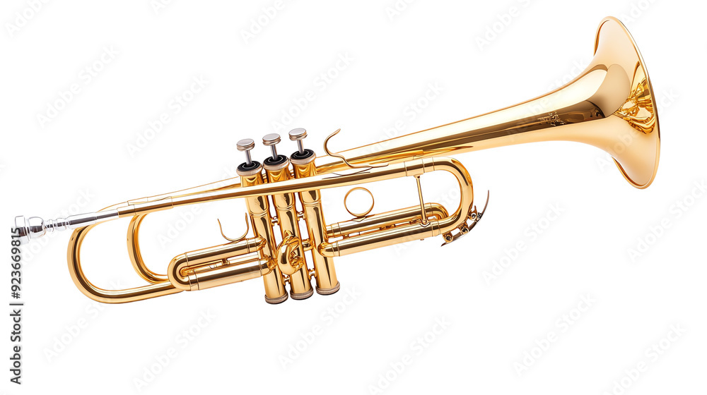 Close-up of a shiny brass trumpet on a white background, showcasing its intricate design and craftsmanship, perfect for music-related projects. Close-up of a shiny brass trumpet on a white background, showcasing its intricate design and craftsmanship, perfect for music-related projects.