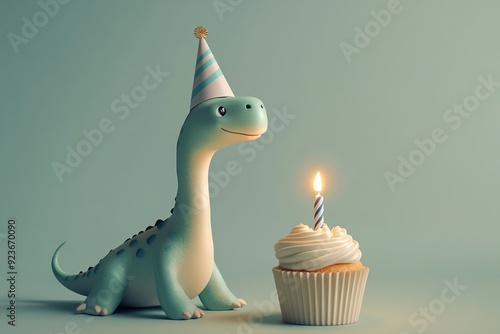 A dinosaur wearing a birthday hat next to a cupcake on a neutral background, blending fun and whimsy. Perfect for themes of celebration, kids' parties, and playful designs photo