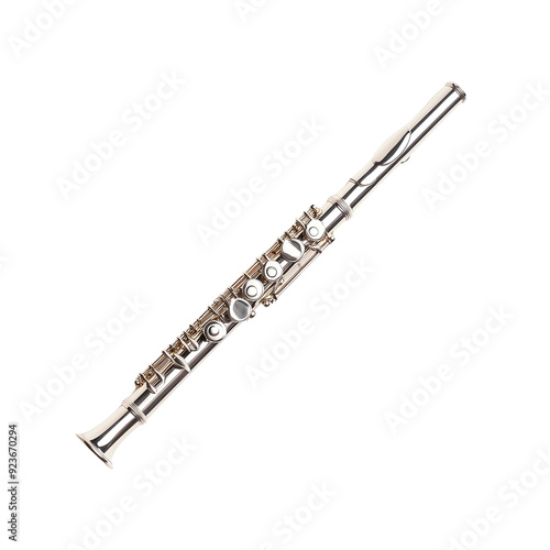 High-quality image of a silver flute on a white background, showcasing its intricate design and detailing. Perfect for music-related projects.