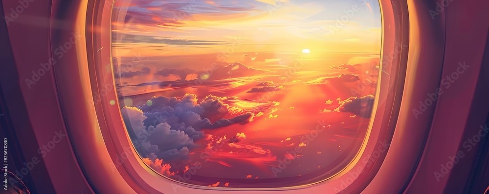 Fototapeta premium Airplane Window View of a Sunset Over Clouds