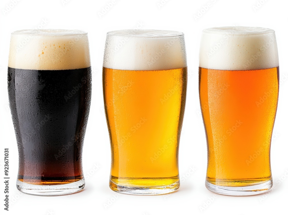 Three pints of beer in different styles, including a dark stout, a golden ale, and an amber lager, arranged in a row on a white background, each topped with a frothy head. Three pints of beer in different styles, including a dark stout, a golden ale, and an amber lager, arranged in a row on a white background, each topped with a frothy head.