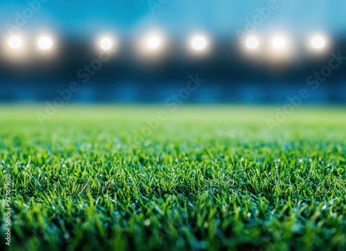 Close-up of green grass on a soccer field under stadium lights at night, with a blurred background emphasizing the turf. photo