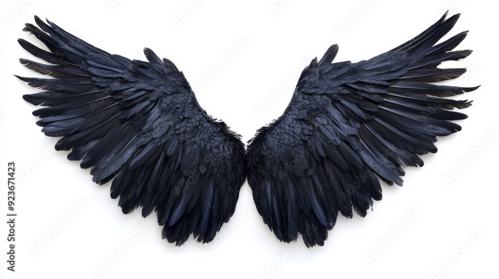 Angel wings with natural black plumage, isolated on a white background with a clipping path. Angel wings with natural black plumage, isolated on a white background with a clipping path.
