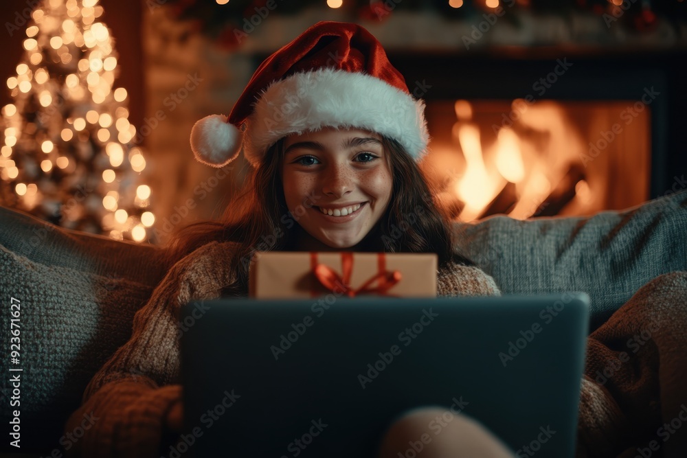 A smiling girl wearing a Santa hat holds a holiday gift while using a laptop, surrounded by the festive decorations and glowing warmth of a fireplace, evoking coziness and joy. A smiling girl wearing a Santa hat holds a holiday gift while using a laptop, surrounded by the festive decorations and glowing warmth of a fireplace, evoking coziness and joy.