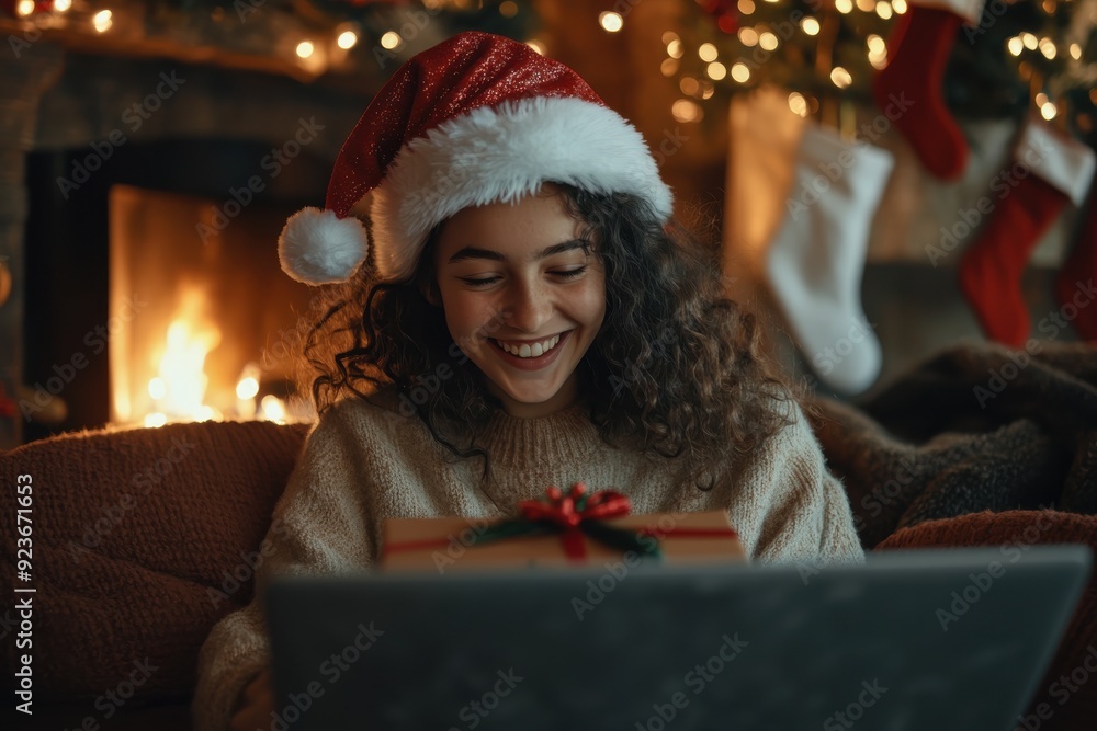 A smiling woman wearing a Santa hat opens a Christmas present by the fireplace, with festive decorations and lights enhancing the warm, joyful atmosphere of the holiday season.