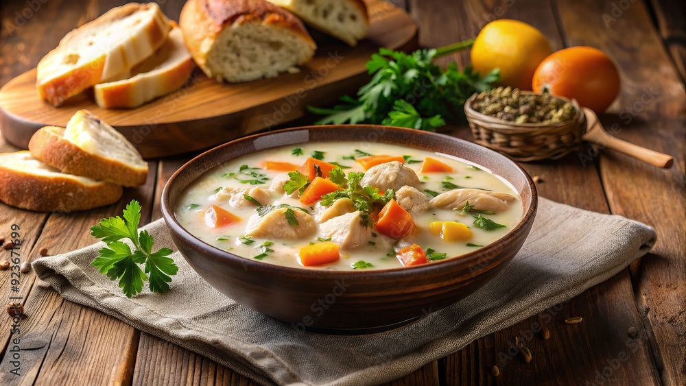 Hearty, comforting bowl of creamy chicken soup with tender pieces of poultry, fresh vegetables, and crusty bread for dipping on a rustic wooden table. Hearty, comforting bowl of creamy chicken soup with tender pieces of poultry, fresh vegetables, and crusty bread for dipping on a rustic wooden table.