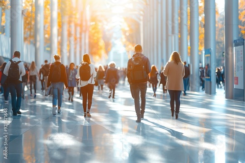 A busy scene in a modern atrium with people walking and socializing under beautiful sunlight. The structure features tall glass windows and columns with autumn foliage outside.