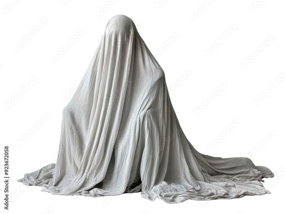 A ghostly figure draped in a white sheet cut out transparent isolated on white background PNG file A ghostly figure draped in a white sheet cut out transparent isolated on white background PNG file