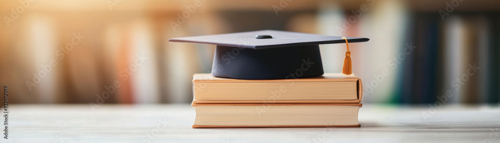 Graduation cap on stack of books, symbolizing education achievement and academic success. Perfect for back-to-school or graduation-themed projects. Graduation cap on stack of books, symbolizing education achievement and academic success. Perfect for back-to-school or graduation-themed projects.