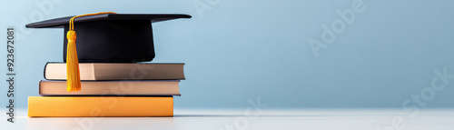 Graduation cap placed on a stack of books against a plain blue background, symbolizing academic achievement and education success.
