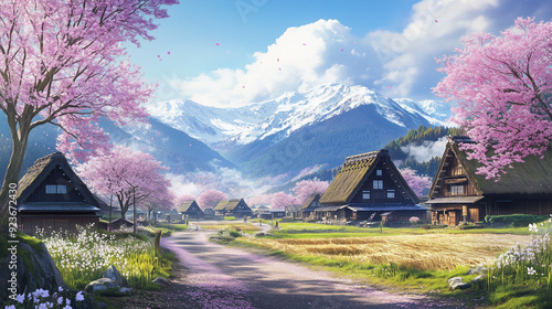 Japan Village in Full Bloom of Cherry Blossoms