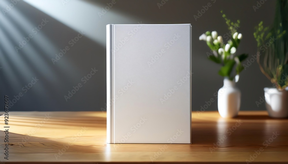 Blank white book on wooden table with flowers and sunlight, ideal for design mockup or template. Blank white book on wooden table with flowers and sunlight, ideal for design mockup or template.