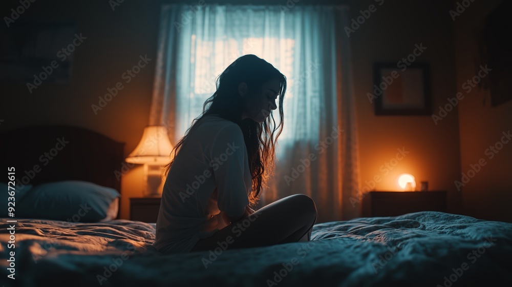 A woman sits quietly on a bed in a dimly lit room, reflecting during the evening A woman sits quietly on a bed in a dimly lit room, reflecting during the evening