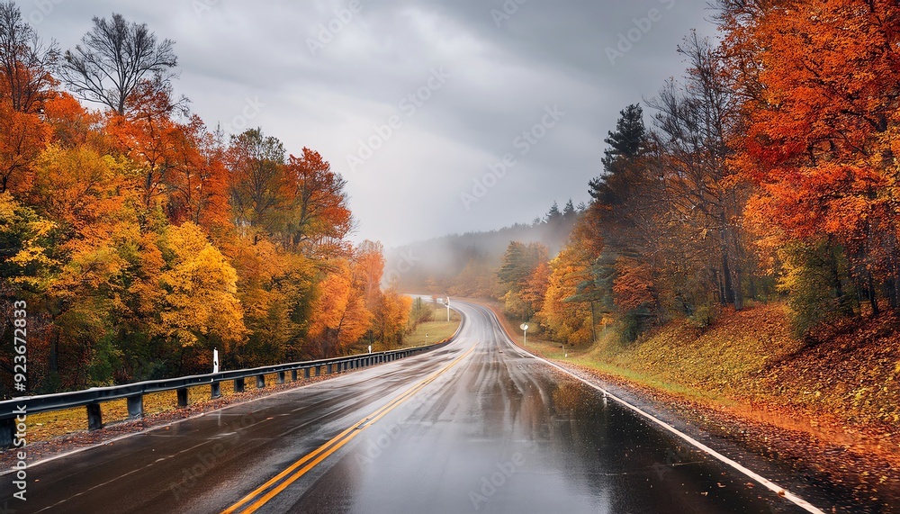Empty, winding road through vibrant autumn forest with colorful foliage and misty atmosphere on a rainy day. Empty, winding road through vibrant autumn forest with colorful foliage and misty atmosphere on a rainy day.