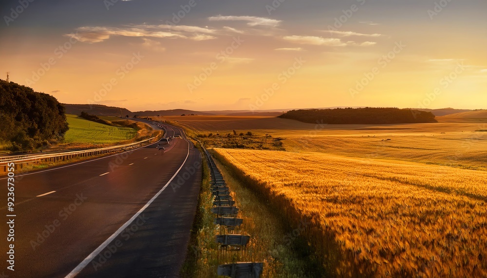Sunset over a scenic countryside road running alongside a golden wheat field, with a clear sky adding to the serene ambiance. Sunset over a scenic countryside road running alongside a golden wheat field, with a clear sky adding to the serene ambiance.