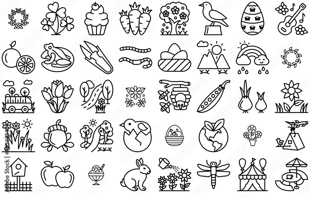 Set Of Linear Spring Season Outline Stroke Icons Web Header Banner Design Containing Food,Garden,Nature,Flower,Spring Stroke Icon Collection. Vector Illustration Set Of Linear Spring Season Outline Stroke Icons Web Header Banner Design Containing Food,Garden,Nature,Flower,Spring Stroke Icon Collection. Vector Illustration